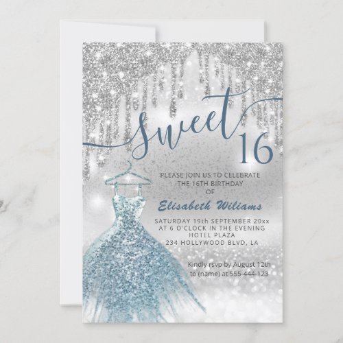 Adorable blue dress silver glittery drips ombre in invitation