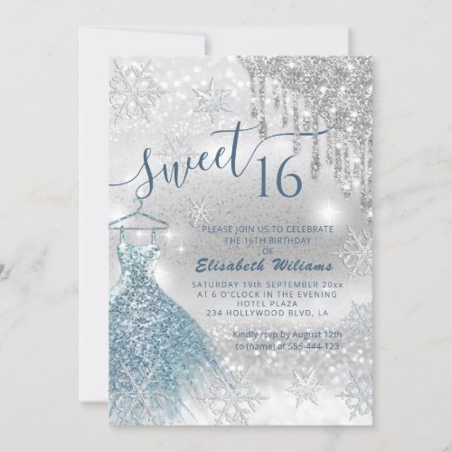 Adorable blue dress silver glittery drips ombre in invitation