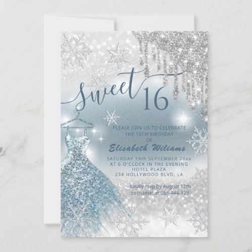 Adorable blue dress silver glittery drips ombre  invitation