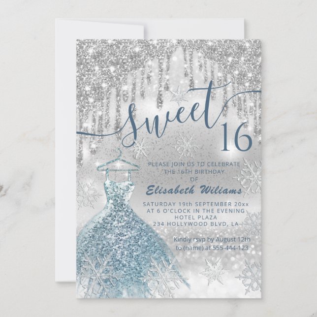 Adorable blue dress silver glittery drips ombre invitation (Front)