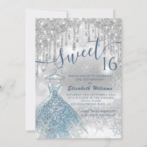 Adorable blue dress silver glittery drips ombre invitation