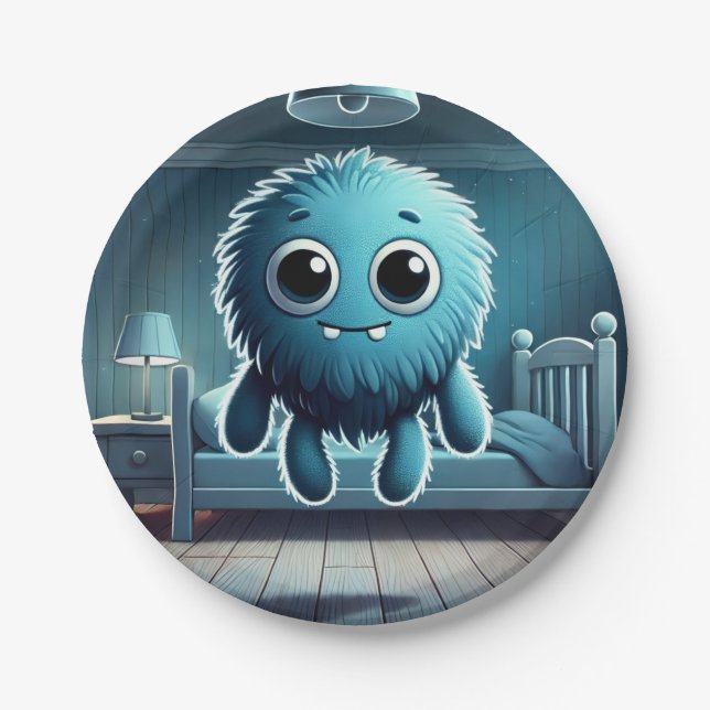 Adorable Blue Fluffy Creature Paper Plates (Front)