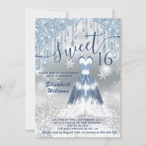 Adorable blue glowing dress silver glittery drips  invitation