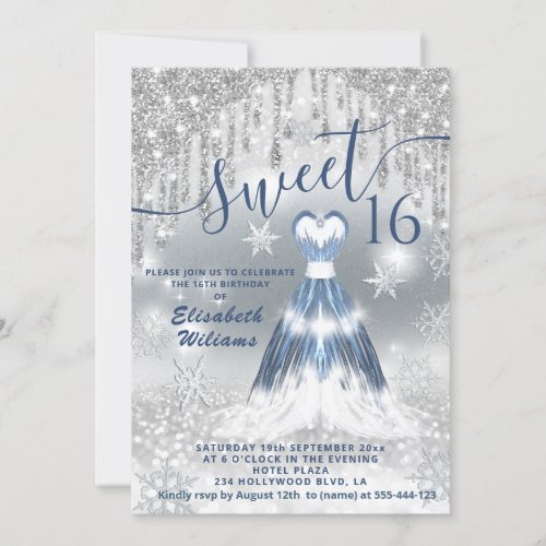Adorable blue glowing dress silver glittery drips  invitation