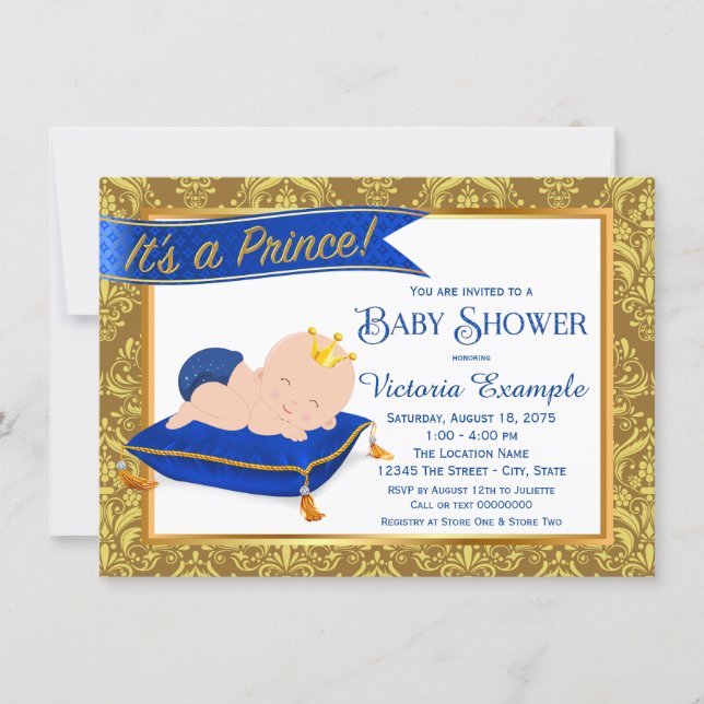 Adorable Blue Gold Prince Baby Shower Invitations (Front)