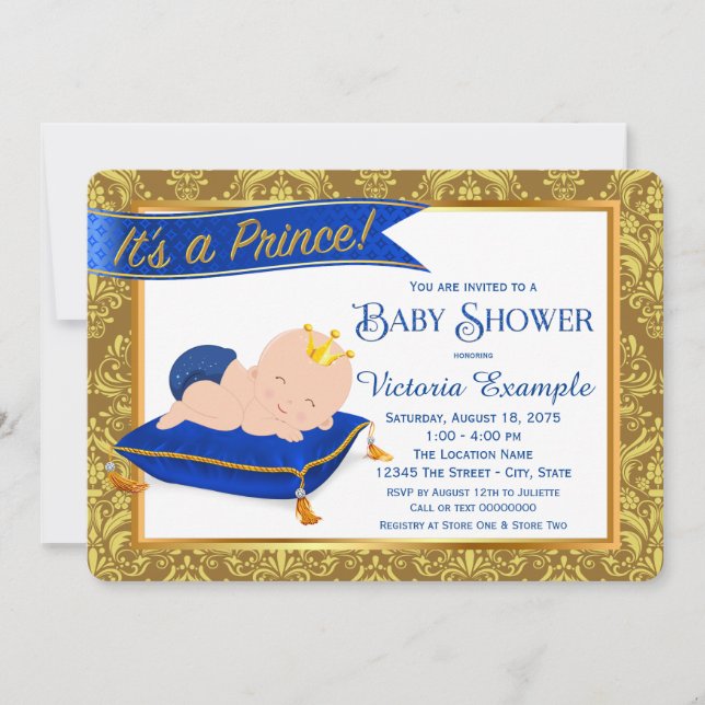 Adorable Blue Gold Prince Baby Shower Invitations (Front)