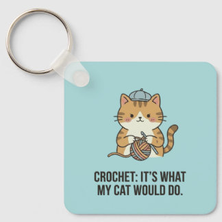 Adorable Blue Hat Crochet Cat Ginger Yarn Ball Art Keychain