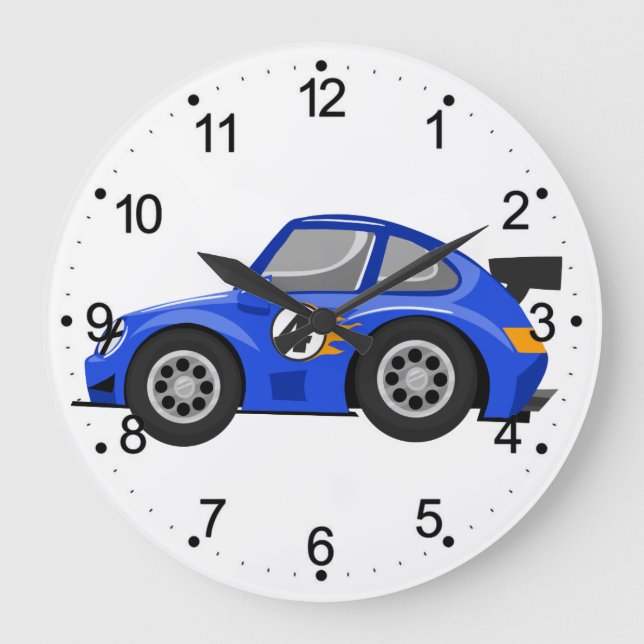 Adorable Blue race car  - Choose background color Large Clock (Front)