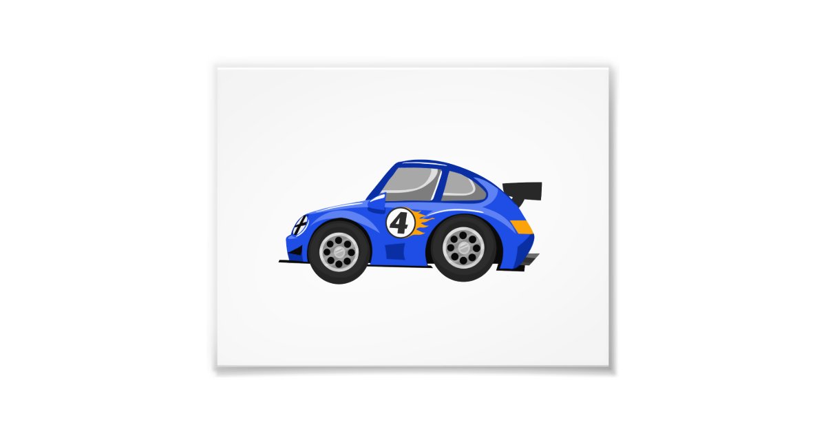 Adorable Blue race car - Choose background color Photo Print | Zazzle