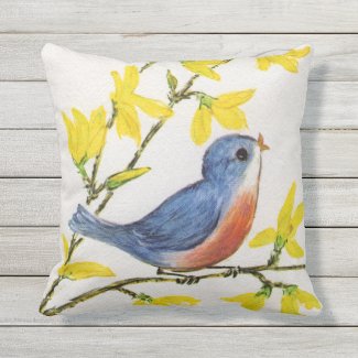 Adorable Blue Red Singing Bird Yellow Flowers Outdoor Pillow