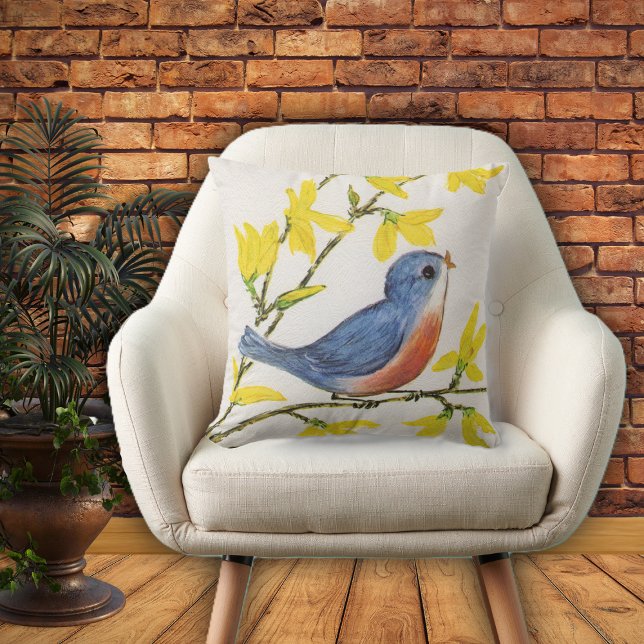 Adorable Blue Red Singing Bird Yellow Flowers Outdoor Pillow (Cute blue red singing bird on branch with yellow flowers on textured look white home decor pillow.)