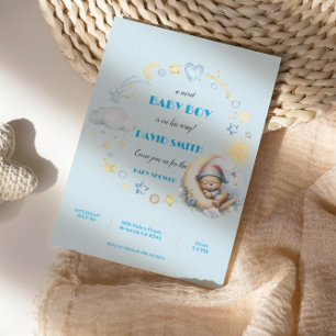 Adorable Blue Stars and Moon Sleepy Teddy Bear Invitation