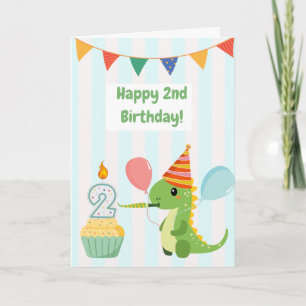 Adorable Blue Striped 2nd Dinosaur Birthday Card