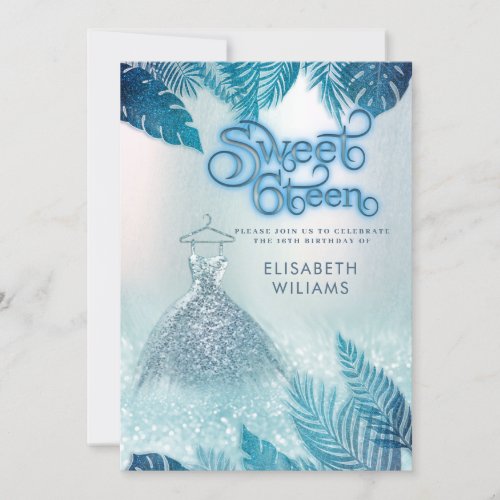 Adorable blue tropical leaves glitter sweet 16 invitation