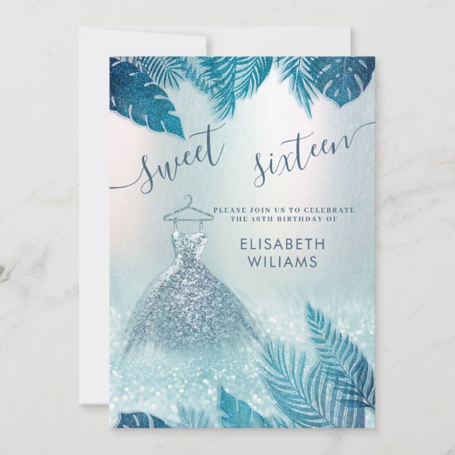 Adorable blue tropical leaves glitter sweet 16 invitation (Front)