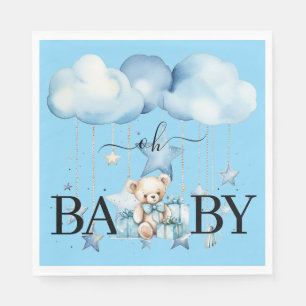 Adorable Blue Watercolor Teddy Bear Baby Shower Napkins
