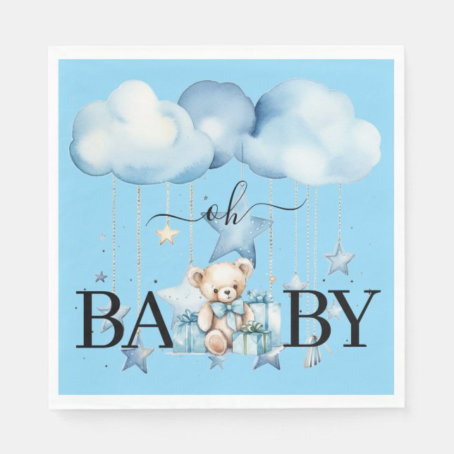 Adorable Blue Watercolor Teddy Bear Baby Shower Napkins (Front)