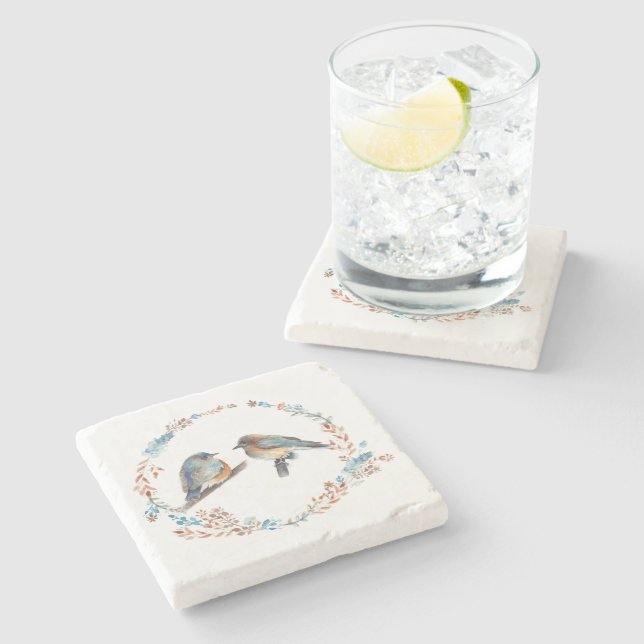 Adorable Bluebird Couple Art Stone Coaster (Side)