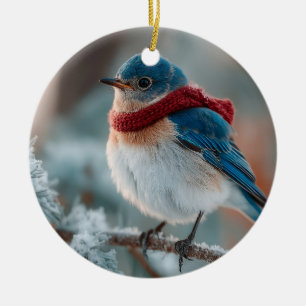 Adorable Bluebird in a Scarf  Ceramic Ornament