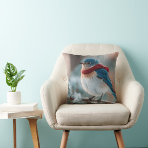 Adorable Bluebird in a Scarf Throw Pillow
