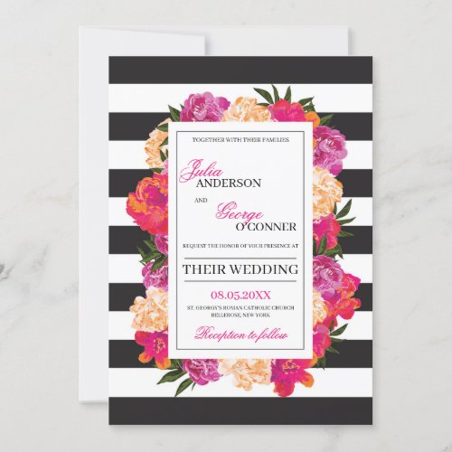 Adorable blush pink fuchsia floral boho wedding invitation