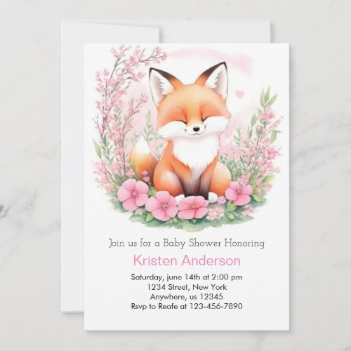 Adorable Boho Pink Fox Forest Girl Baby Shower Invitation