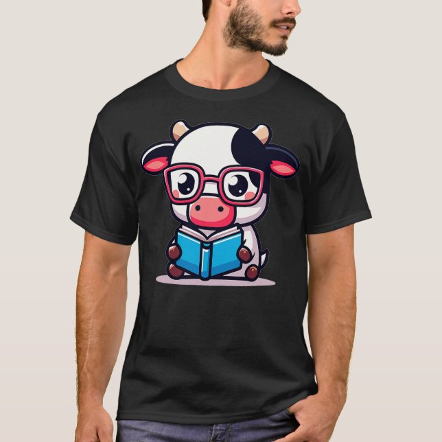 Adorable Book Lover Cow With Reading Glasses Cute T-Shirt (Front)
