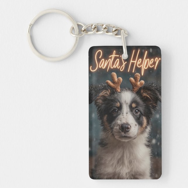 Adorable Border Collie Puppy as Santa's Helper Keychain (Front)