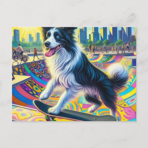 Adorable Border Collie Skateboarding Postcard