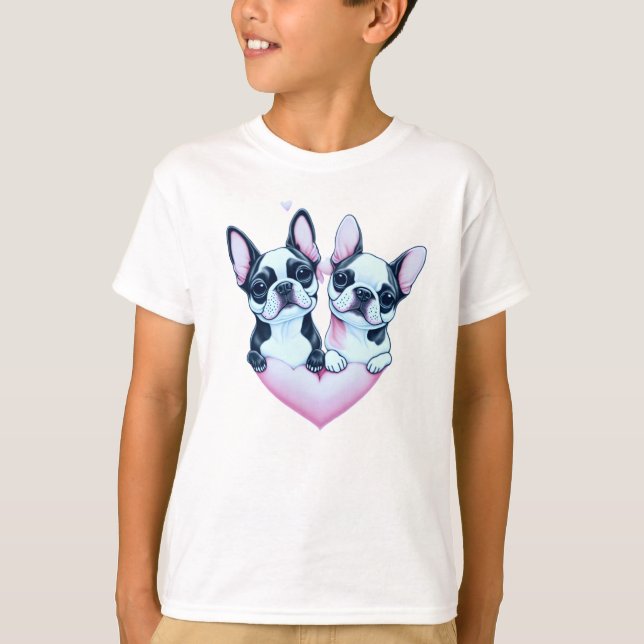 Adorable Boston Terrier dogs in love on a heart T-Shirt (Front)
