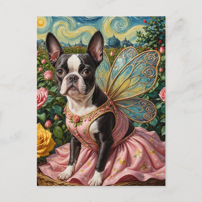 Adorable Boston Terrier Fairy in a Rose Garden Postcard (Front)