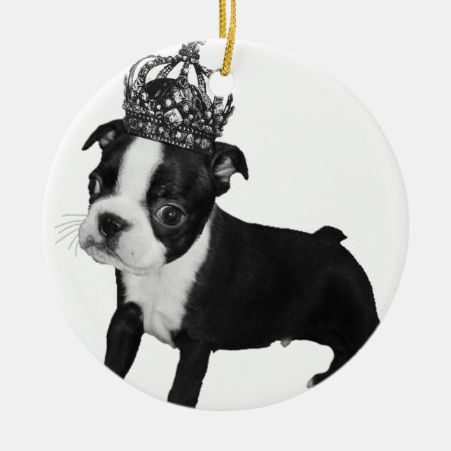 Adorable BOSTON TERRIER Puppy DOG Crown Ceramic Ornament (Front)