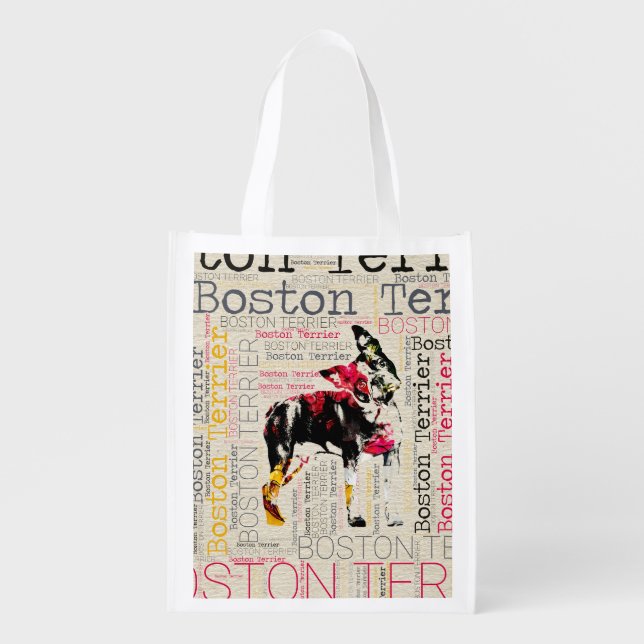 Adorable Boston Terrier Reusable Grocery Bag (Front)