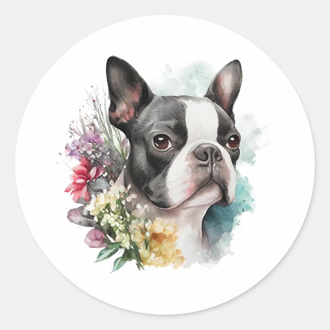 Adorable Boston Terrrier and Flowers Classic Round Sticker (Front)