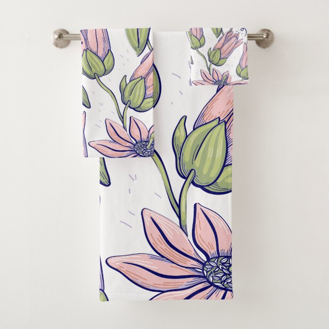 Adorable botanical pattern Pink and green l White Bath Towel Set (Insitu)