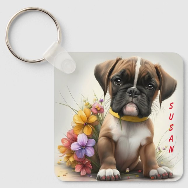 Adorable Boxer Puppy Dog Keychain (Front)