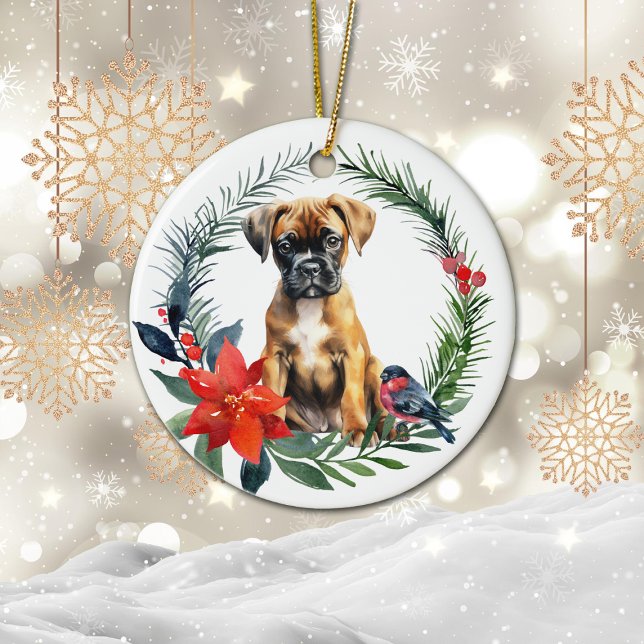 Adorable Boxer Puppy Watercolor Poinsettia Ceramic Ornament (Creator Uploaded)
