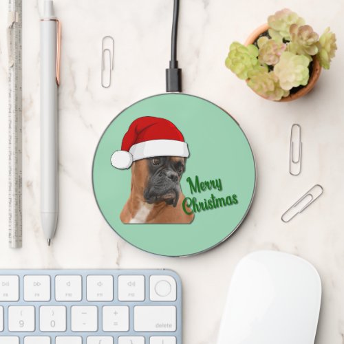 Adorable Boxer Puppy with Santa Hat Wireless Charger