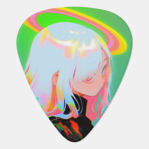 Adorable Bright Neon Halo Anime Girl Guitar Pick