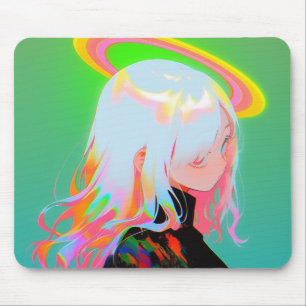 Adorable Bright Neon Halo Anime Girl Mouse Pad