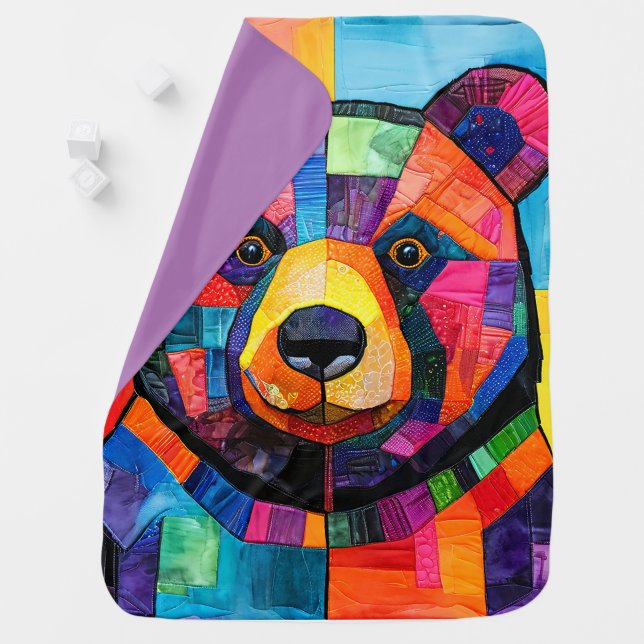 Adorable bright patchwork print bear baby blanket (In Situ)