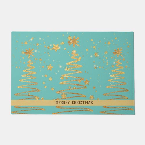Adorable bright sparkling gold tree modern blue doormat