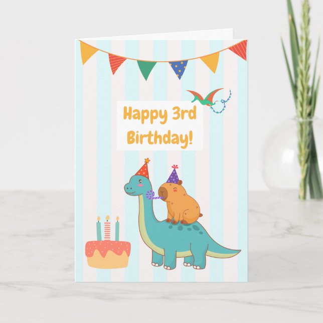 Adorable Brontosaurus Capybara 3rd Birthday Card (Front)