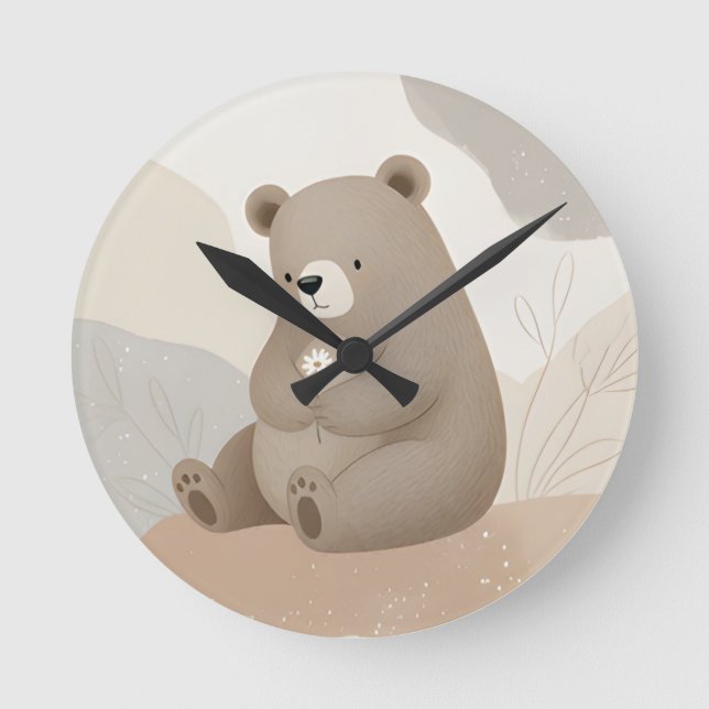 Adorable Brown Bear with Daisy - Watercolor Round Clock (Front)