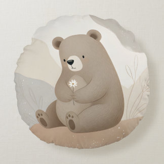 Adorable Brown Bear with Daisy - Watercolor Round Pillow