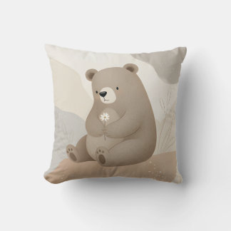 Adorable Brown Bear with Daisy - Watercolor Throw Pillow