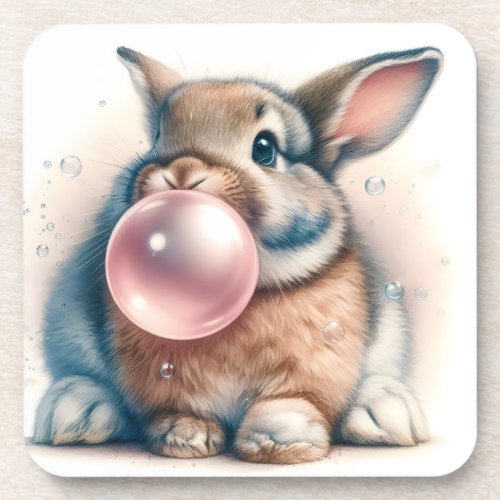 Adorable Brown Bunny Rabbit Blowing Bubble Gum  Beverage Coaster