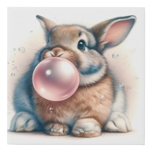 Adorable Brown Bunny Rabbit Blowing Bubble Gum  Faux Canvas Print