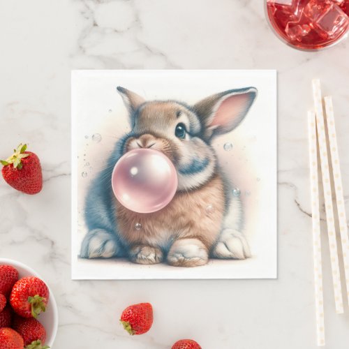 Adorable Brown Bunny Rabbit Blowing Bubble Gum  Napkins