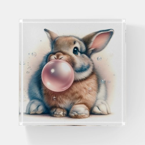 Adorable Brown Bunny Rabbit Blowing Bubble Gum  Paperweight